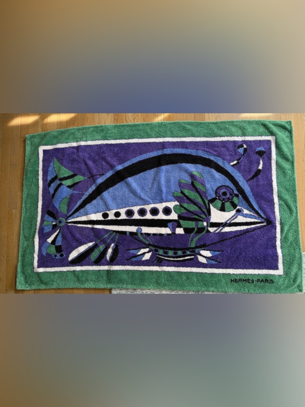 Hermes Purple and White Fish Beach Towel